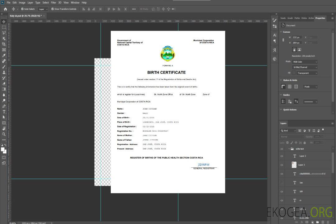 Modèle Word et PDF d'acte de naissance au Costa Rica template